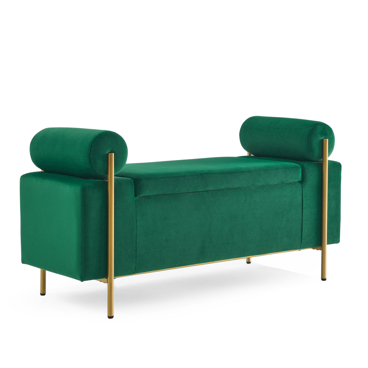 Elegant Upholstered Linen Storage Bench with Cylindrical Arms and Iron Legs- Green