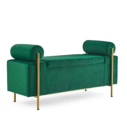 Elegant Upholstered Linen Storage Bench with Cylindrical Arms and Iron Legs- Green