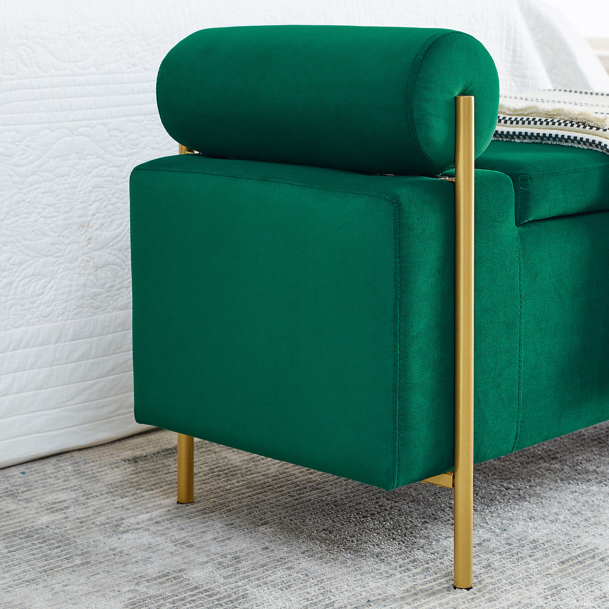 Elegant Upholstered Linen Storage Bench with Cylindrical Arms and Iron Legs- Green