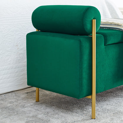 Elegant Upholstered Linen Storage Bench with Cylindrical Arms and Iron Legs- Green