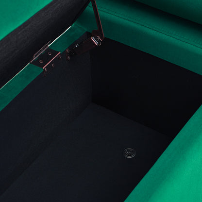 Elegant Upholstered Linen Storage Bench with Cylindrical Arms and Iron Legs- Green