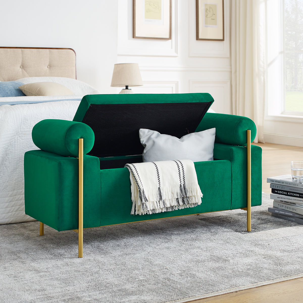 Elegant Upholstered Linen Storage Bench with Cylindrical Arms and Iron Legs- Green