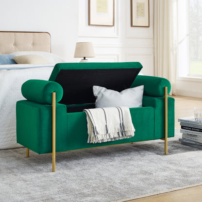 Elegant Upholstered Linen Storage Bench with Cylindrical Arms and Iron Legs- Green