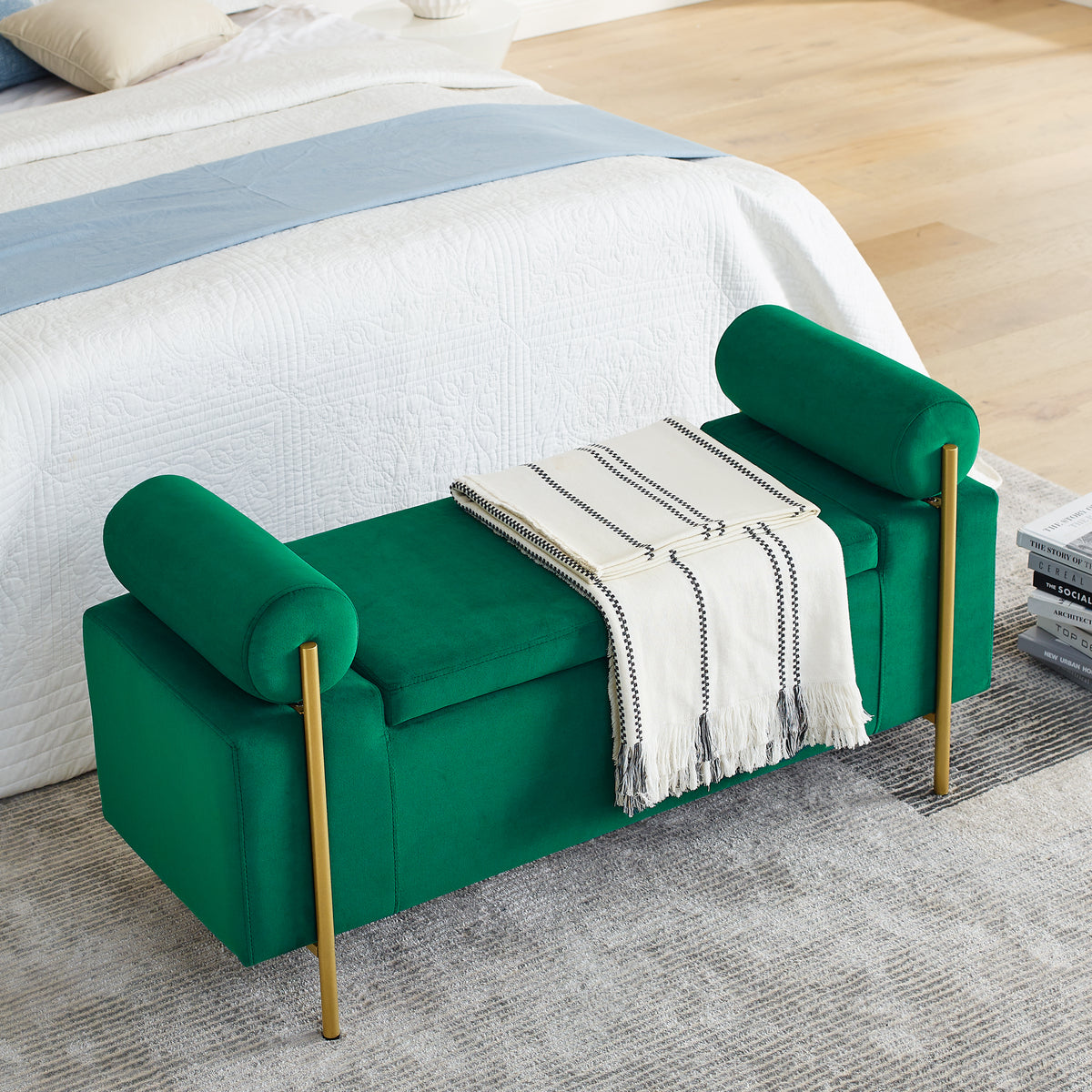 Elegant Upholstered Linen Storage Bench with Cylindrical Arms and Iron Legs- Green