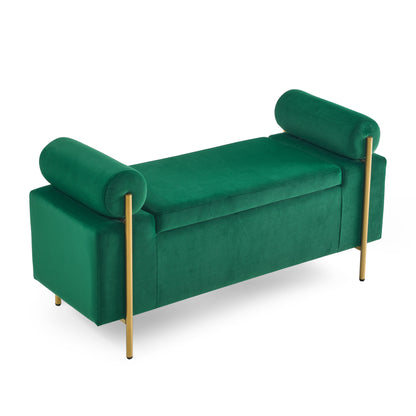 Elegant Upholstered Linen Storage Bench with Cylindrical Arms and Iron Legs- Green