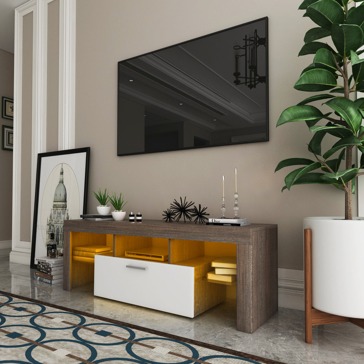 Easy and Quick Assembly Modern TV Stand with Toughened Glass Shelf- Brown+White