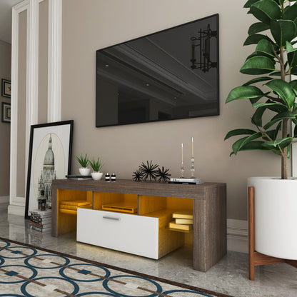 Easy and Quick Assembly Modern TV Stand with Toughened Glass Shelf- Brown+White