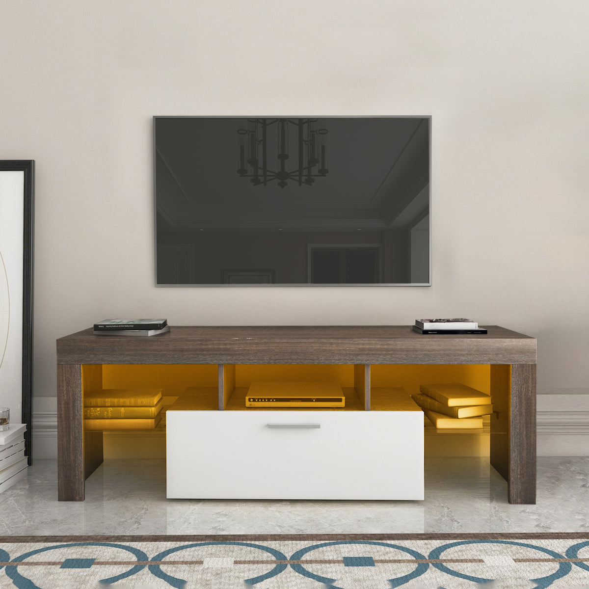 Easy and Quick Assembly Modern TV Stand with Toughened Glass Shelf- Brown+White