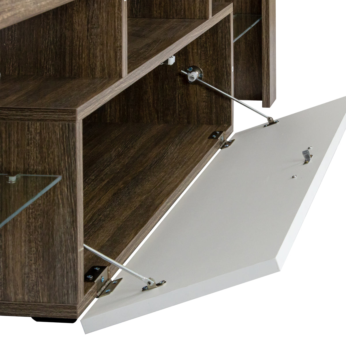 Easy and Quick Assembly Modern TV Stand with Toughened Glass Shelf- Brown+White