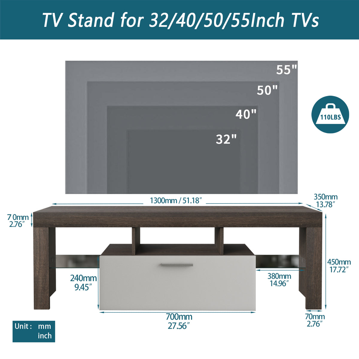 Easy and Quick Assembly Modern TV Stand with Toughened Glass Shelf- Brown+White
