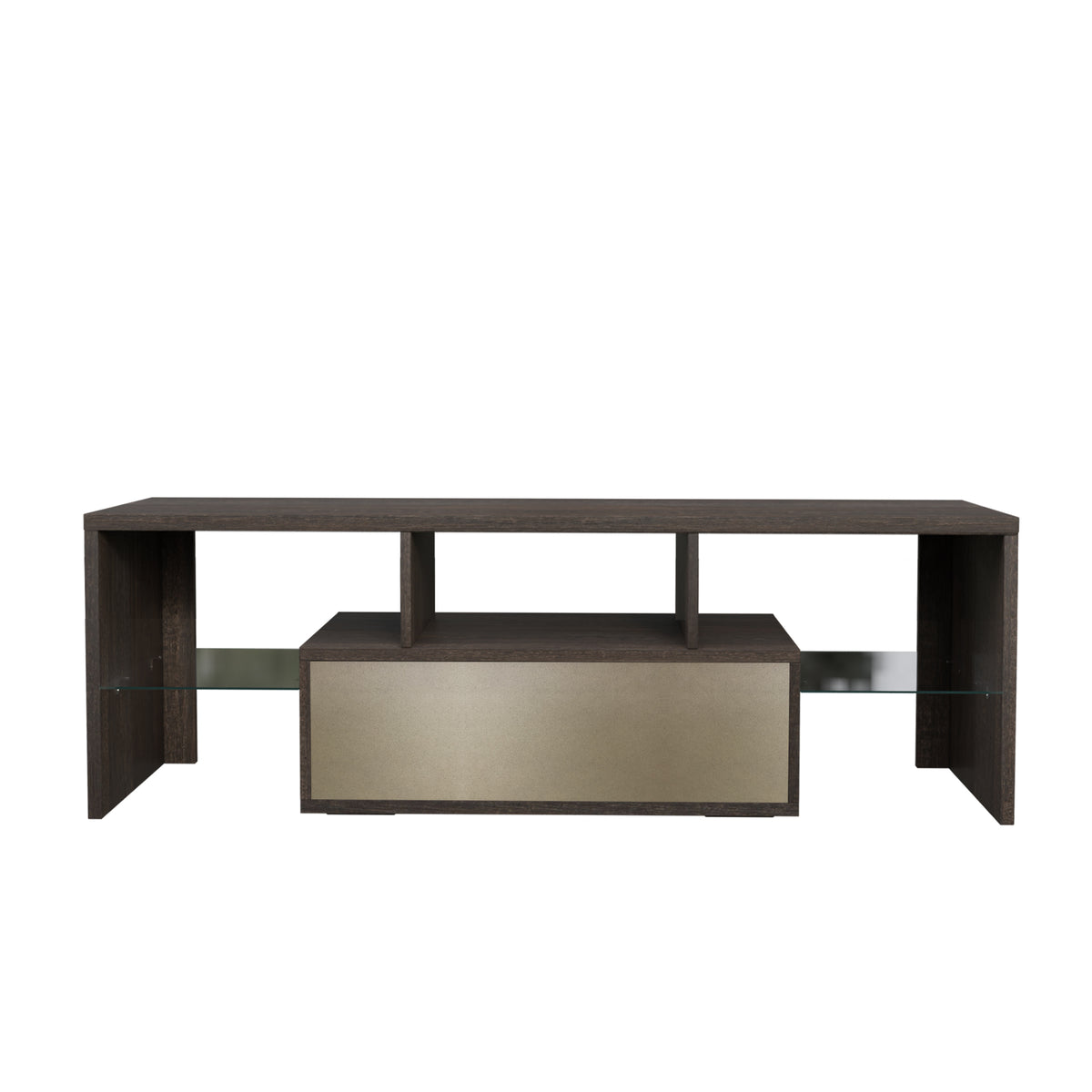 Easy and Quick Assembly Modern TV Stand with Toughened Glass Shelf- Brown+White