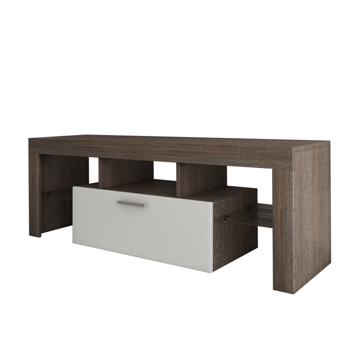 Easy and Quick Assembly Modern TV Stand with Toughened Glass Shelf- Brown+White