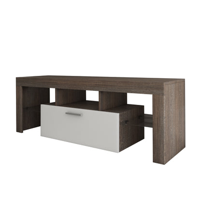 Easy and Quick Assembly Modern TV Stand with Toughened Glass Shelf- Brown+White