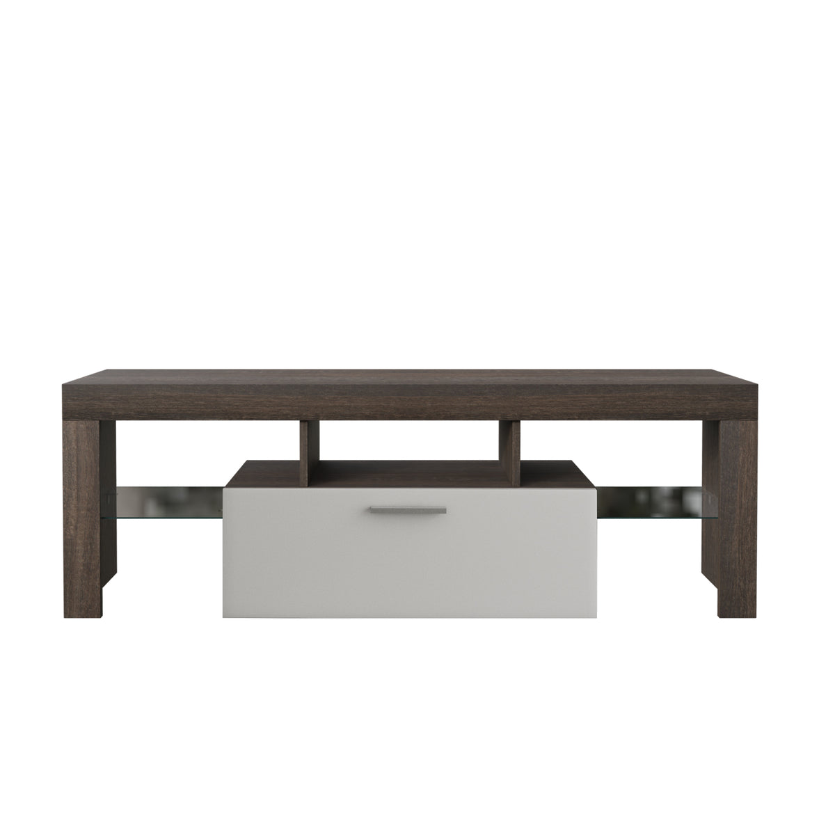 Easy and Quick Assembly Modern TV Stand with Toughened Glass Shelf- Brown+White