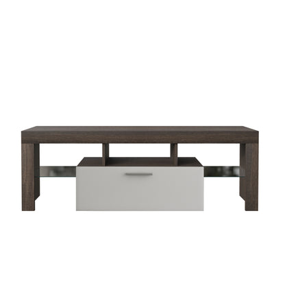 Easy and Quick Assembly Modern TV Stand with Toughened Glass Shelf- Brown+White