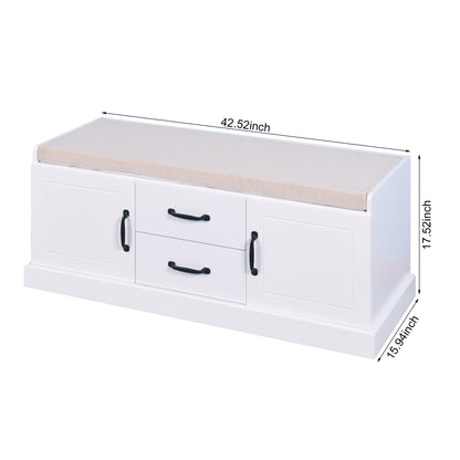 2 Doors 2 Cabinets Wooden Entryway Shoe Cabinet Storage Bench with White Cushion