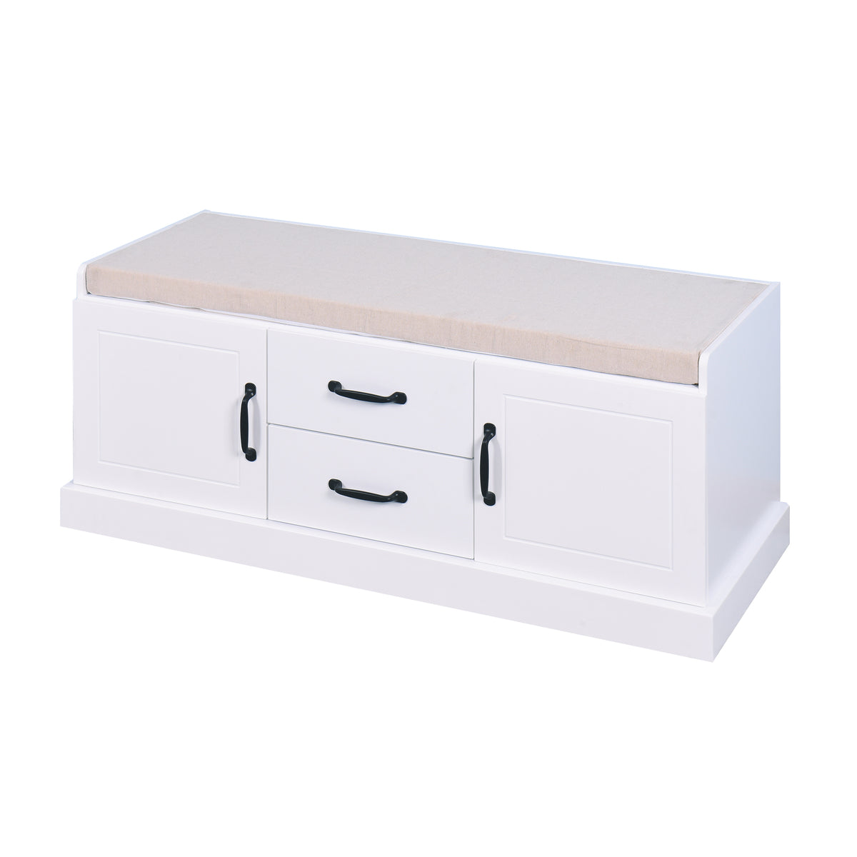 2 Doors 2 Cabinets Wooden Entryway Shoe Cabinet Storage Bench with White Cushion