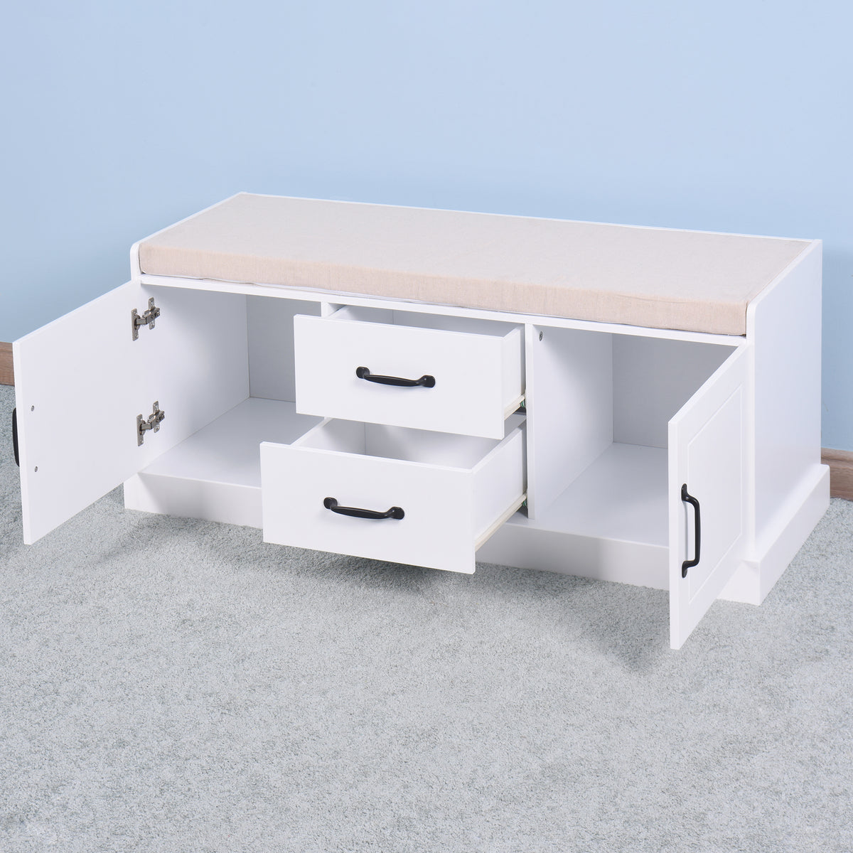 2 Doors 2 Cabinets Wooden Entryway Shoe Cabinet Storage Bench with White Cushion