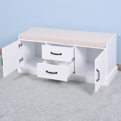 2 Doors 2 Cabinets Wooden Entryway Shoe Cabinet Storage Bench with White Cushion