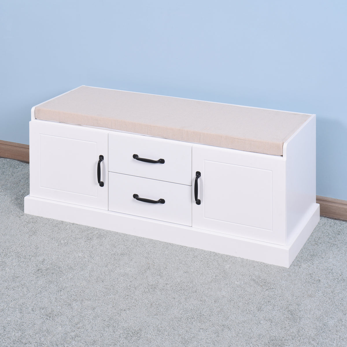 2 Doors 2 Cabinets Wooden Entryway Shoe Cabinet Storage Bench with White Cushion