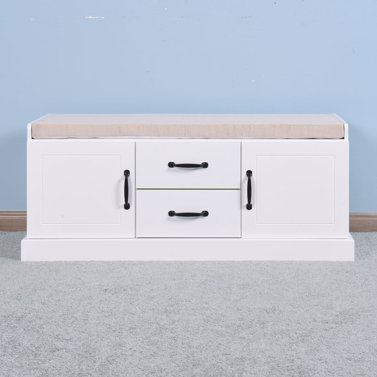 2 Doors 2 Cabinets Wooden Entryway Shoe Cabinet Storage Bench with White Cushion