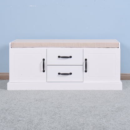 2 Doors 2 Cabinets Wooden Entryway Shoe Cabinet Storage Bench with White Cushion