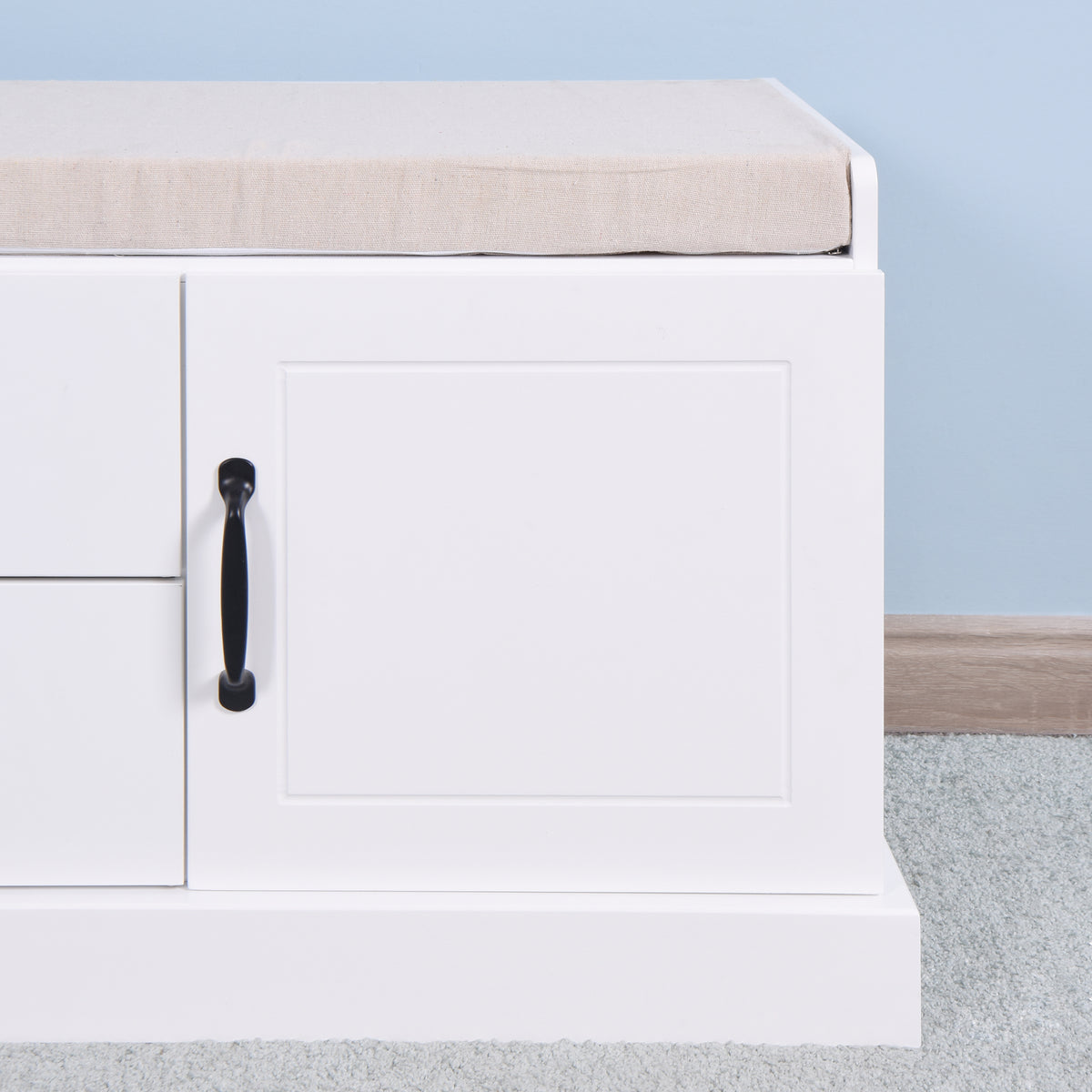 2 Doors 2 Cabinets Wooden Entryway Shoe Cabinet Storage Bench with White Cushion