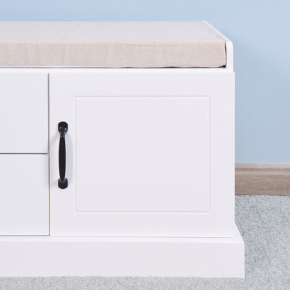 2 Doors 2 Cabinets Wooden Entryway Shoe Cabinet Storage Bench with White Cushion