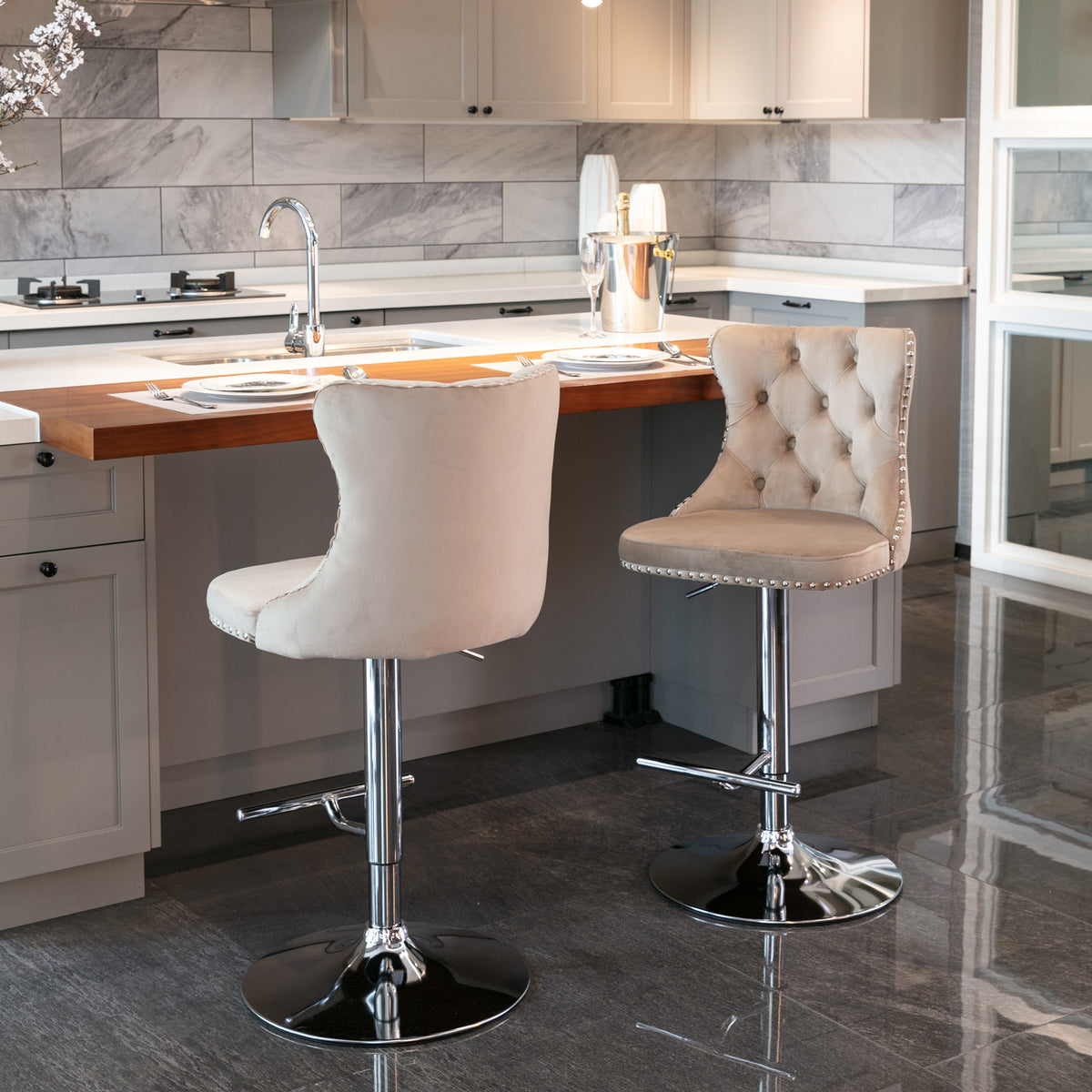 Set of 2 Modern Upholstered Tufted Velvet Armless Bar Stools with Chrome Details- Khaki
