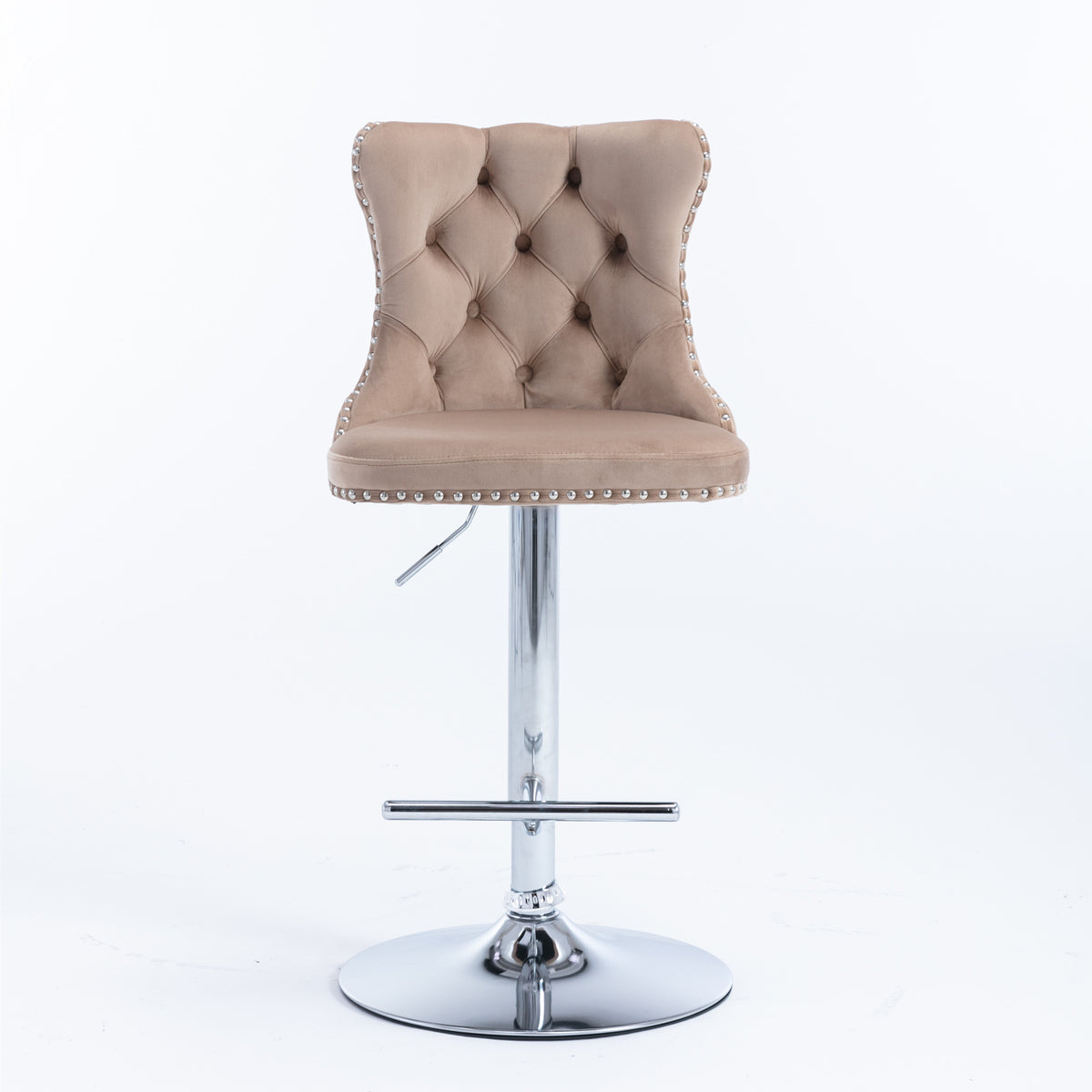 Set of 2 Modern Upholstered Tufted Velvet Armless Bar Stools with Chrome Details- Khaki