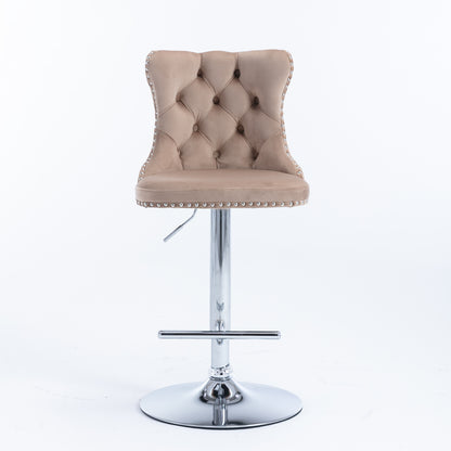Set of 2 Modern Upholstered Tufted Velvet Armless Bar Stools with Chrome Details- Khaki