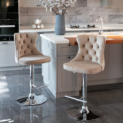Set of 2 Modern Upholstered Tufted Velvet Armless Bar Stools with Chrome Details- Khaki