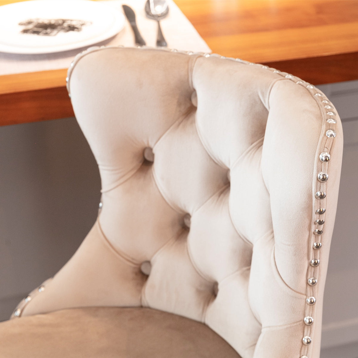 Set of 2 Modern Upholstered Tufted Velvet Armless Bar Stools with Chrome Details- Khaki