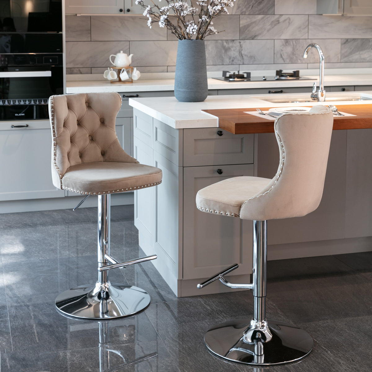 Set of 2 Modern Upholstered Tufted Velvet Armless Bar Stools with Chrome Details- Khaki