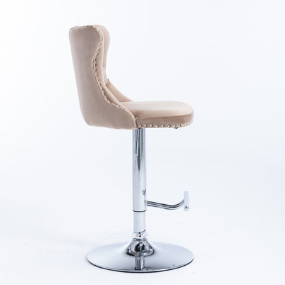 Set of 2 Modern Upholstered Tufted Velvet Armless Bar Stools with Chrome Details- Khaki