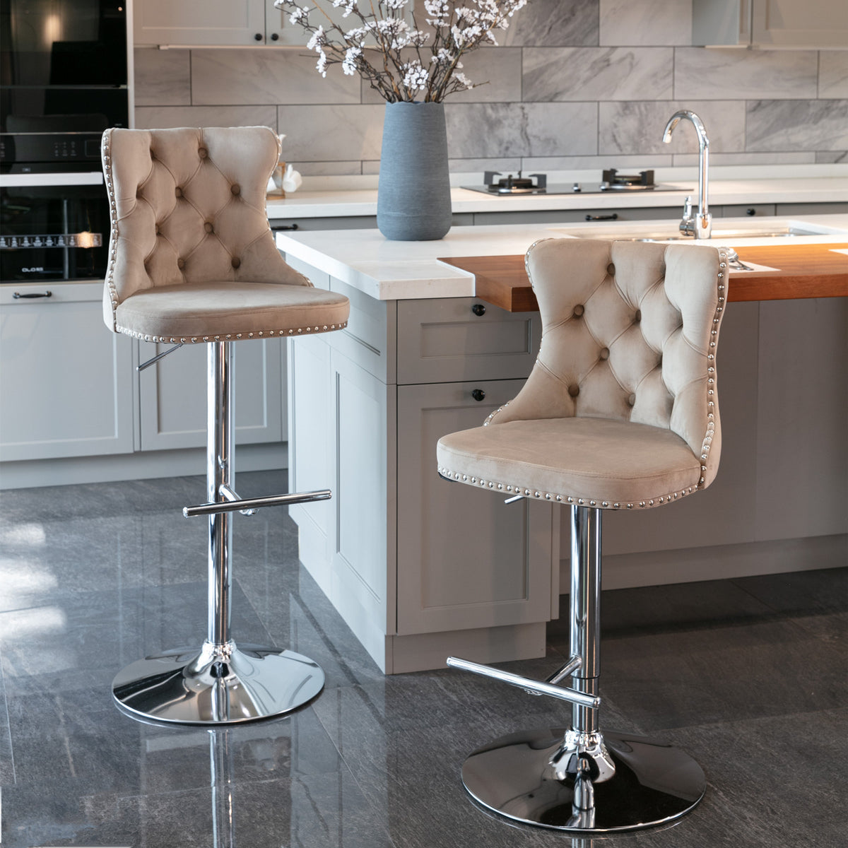 Set of 2 Modern Upholstered Tufted Velvet Armless Bar Stools with Chrome Details- Khaki