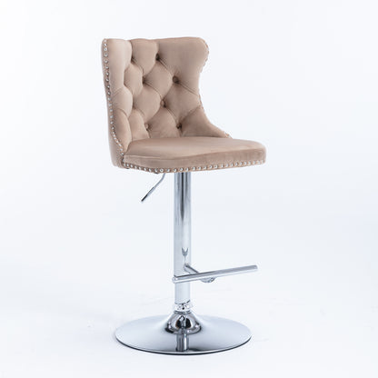 Set of 2 Modern Upholstered Tufted Velvet Armless Bar Stools with Chrome Details- Khaki