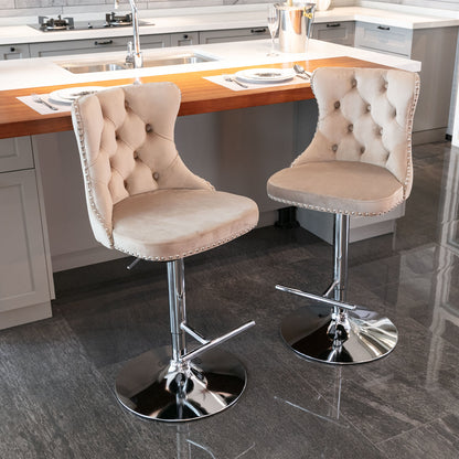 Set of 2 Modern Upholstered Tufted Velvet Armless Bar Stools with Chrome Details- Khaki