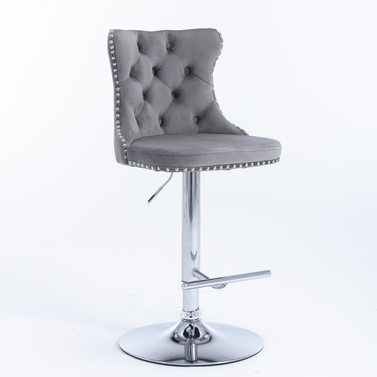 Set of 2 Modern Upholstered Tufted Velvet Armless Bar Stools with Chrome Details- Gray