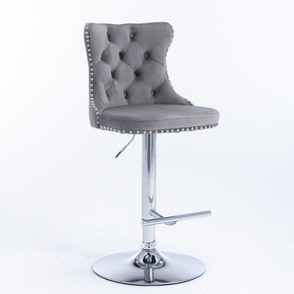 Set of 2 Modern Upholstered Tufted Velvet Armless Bar Stools with Chrome Details- Gray