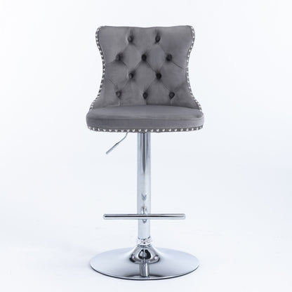 Set of 2 Modern Upholstered Tufted Velvet Armless Bar Stools with Chrome Details- Gray