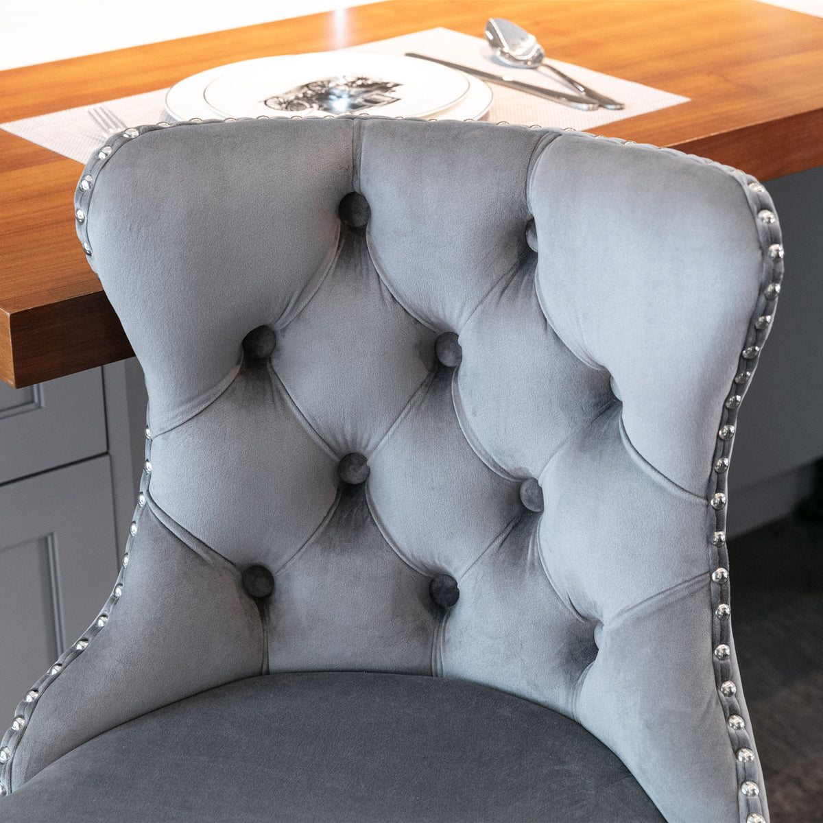 Set of 2 Modern Upholstered Tufted Velvet Armless Bar Stools with Chrome Details- Gray