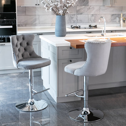 Set of 2 Modern Upholstered Tufted Velvet Armless Bar Stools with Chrome Details- Gray