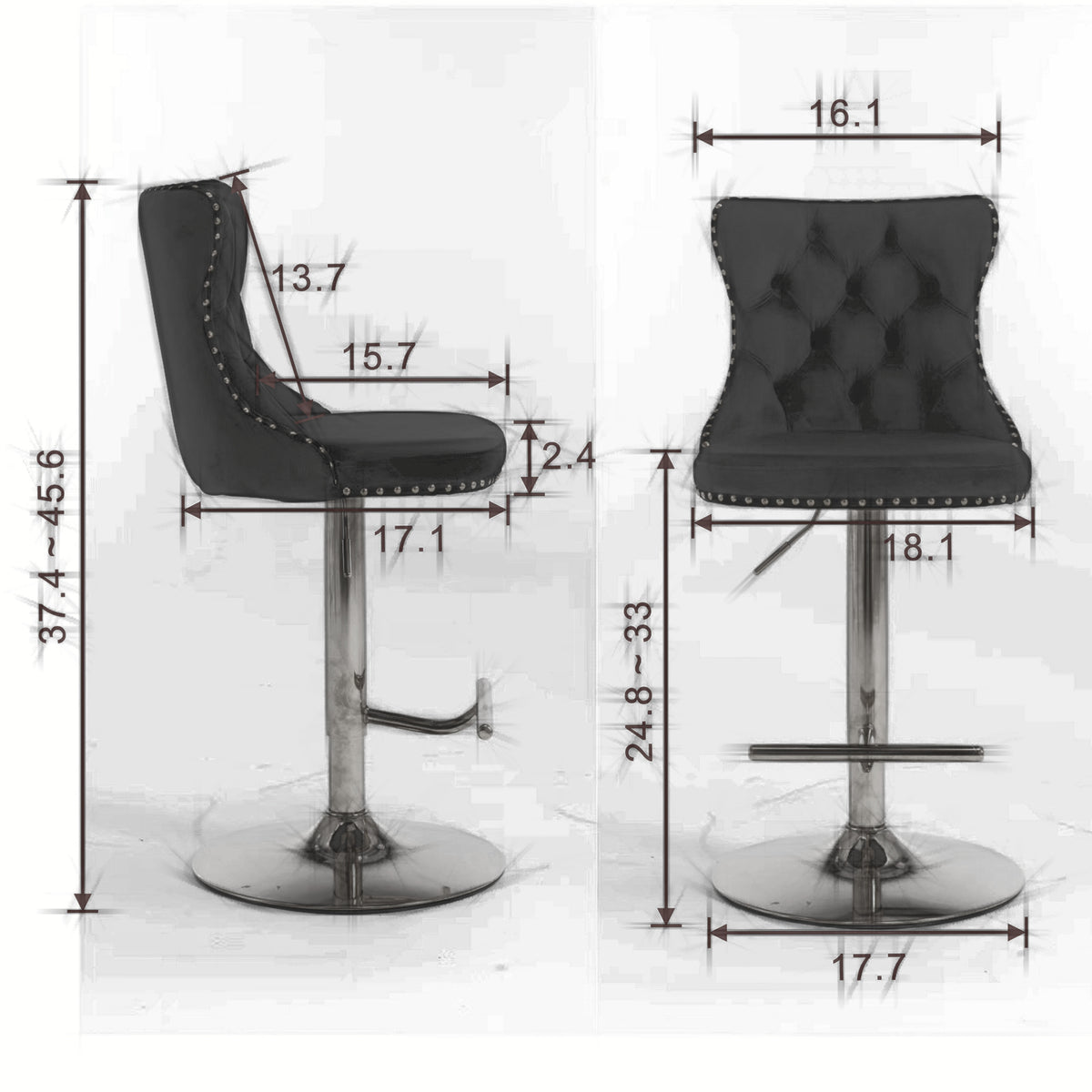 Set of 2 Modern Upholstered Tufted Velvet Armless Bar Stools with Chrome Details- Gray