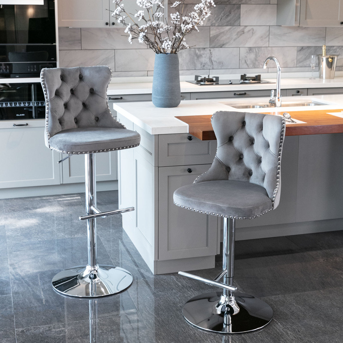 Set of 2 Modern Upholstered Tufted Velvet Armless Bar Stools with Chrome Details- Gray