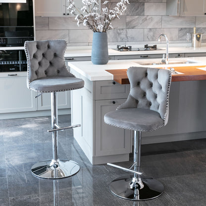 Set of 2 Modern Upholstered Tufted Velvet Armless Bar Stools with Chrome Details- Gray