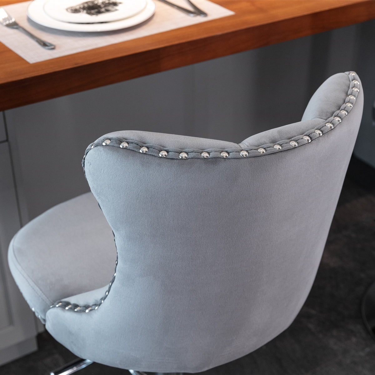 Set of 2 Modern Upholstered Tufted Velvet Armless Bar Stools with Chrome Details- Gray