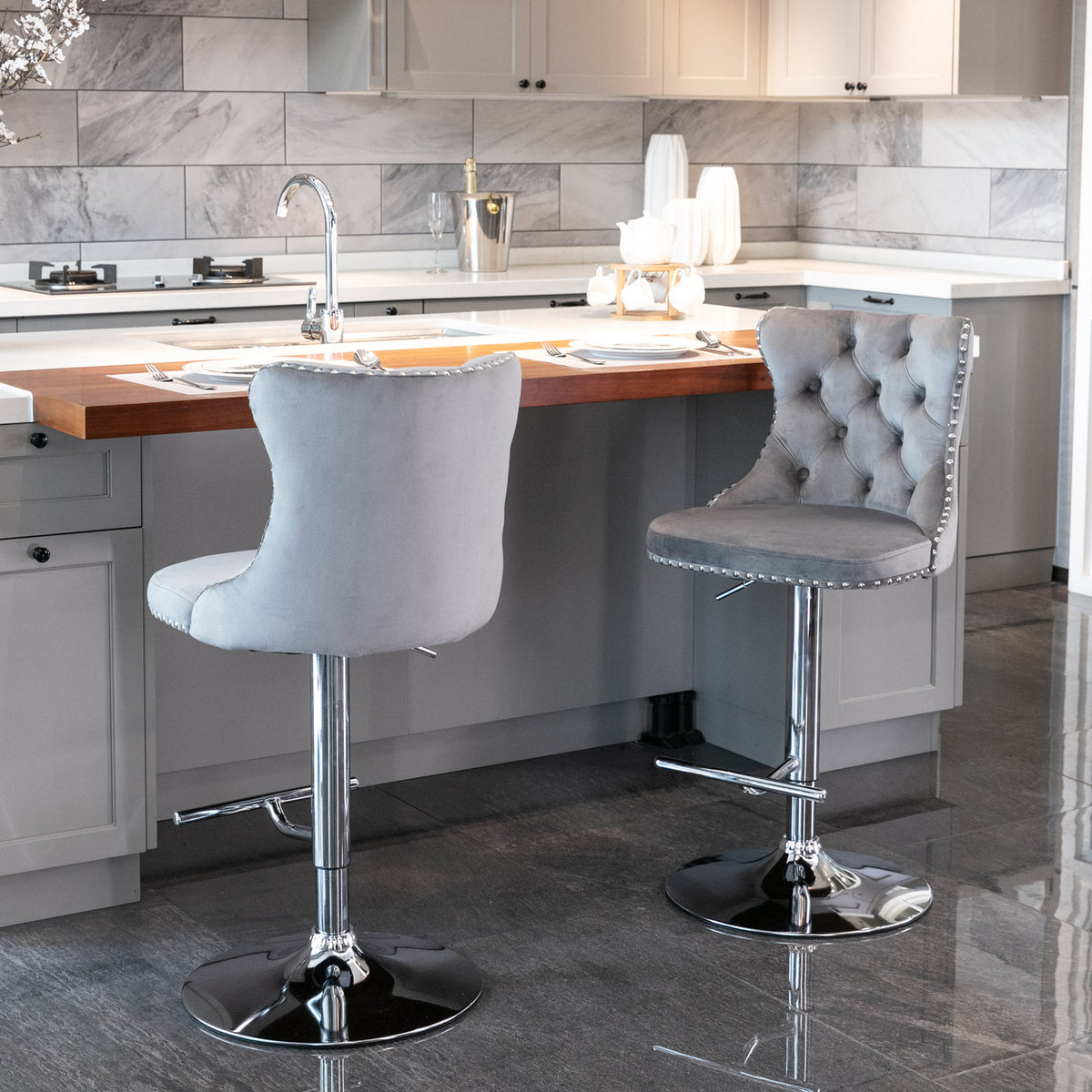 Set of 2 Modern Upholstered Tufted Velvet Armless Bar Stools with Chrome Details- Gray