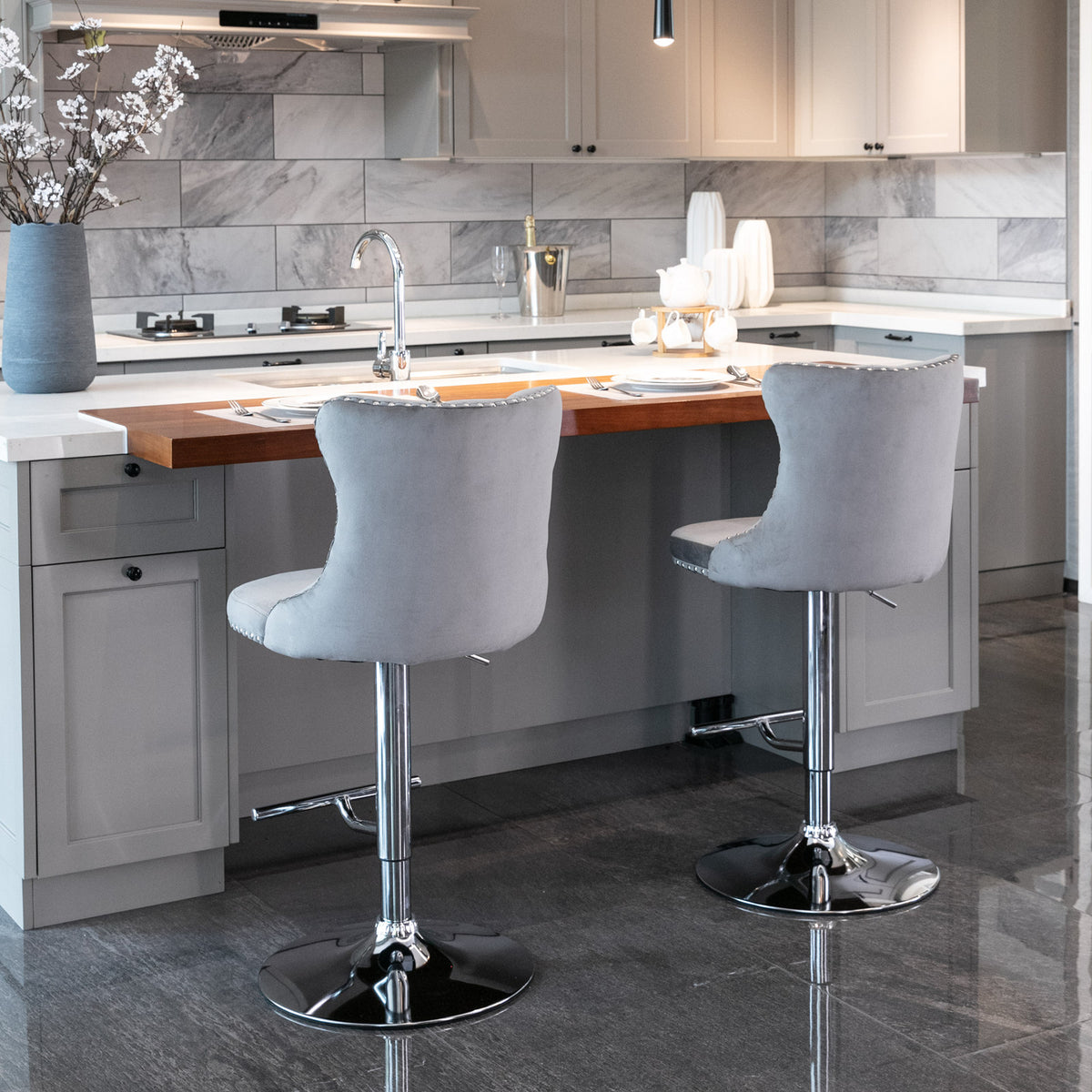 Set of 2 Modern Upholstered Tufted Velvet Armless Bar Stools with Chrome Details- Gray