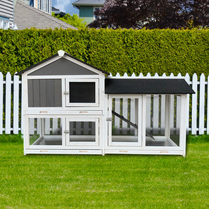 Wooden Outdoor Hutch with Running Cage and Removable Ramp Tray- Gray